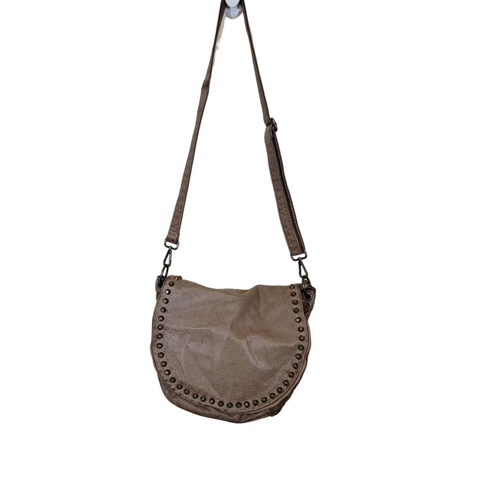 Nu G Women Shoulder Crossbody Bag Studded Pebbled Finish Adjustable Strap Taupe